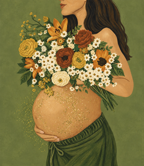 A pregnant mother holding a bouquet of flowers