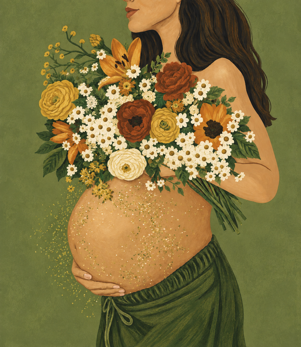 A pregnant mother holding a bouquet of flowers